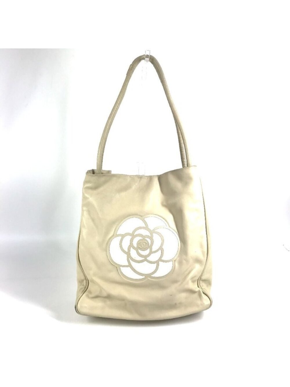 Chanel Shoulder Bag Camellia Logo Leather Beige